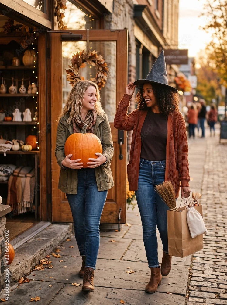 Two Women with Pumpkins on Autumn Street