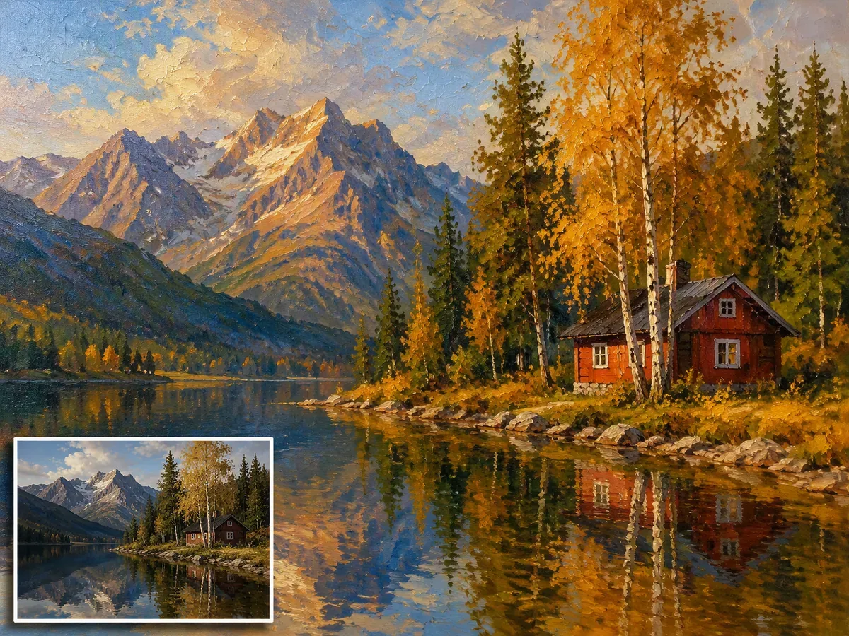 Before-and-after photo-to-oil-painting comparison of a red cabin beside an autumn alpine lake, with the original photo inset at bottom left.