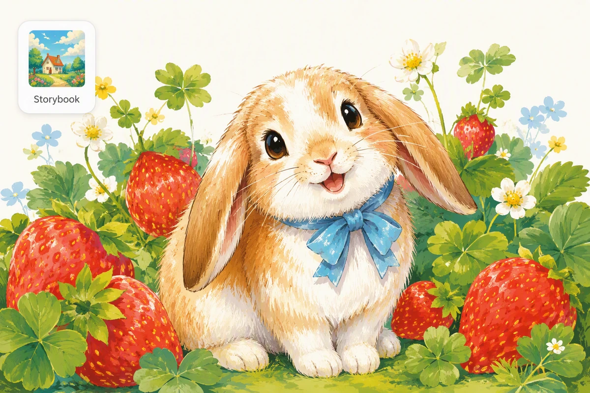 A lop-eared rabbit rendered as a playful storybook gouache portrait with a visible style swatch