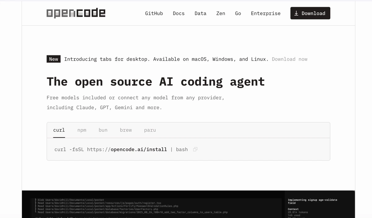 OpenCode 首頁展示開源 AI 程式設計 Agent