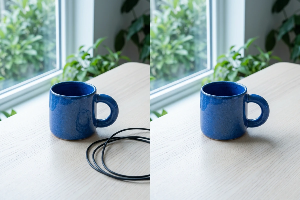 Illustrative comparison of a blue ceramic mug on a pale wood table by a leafy window, with a black cable on the left and the cable removed on the right.