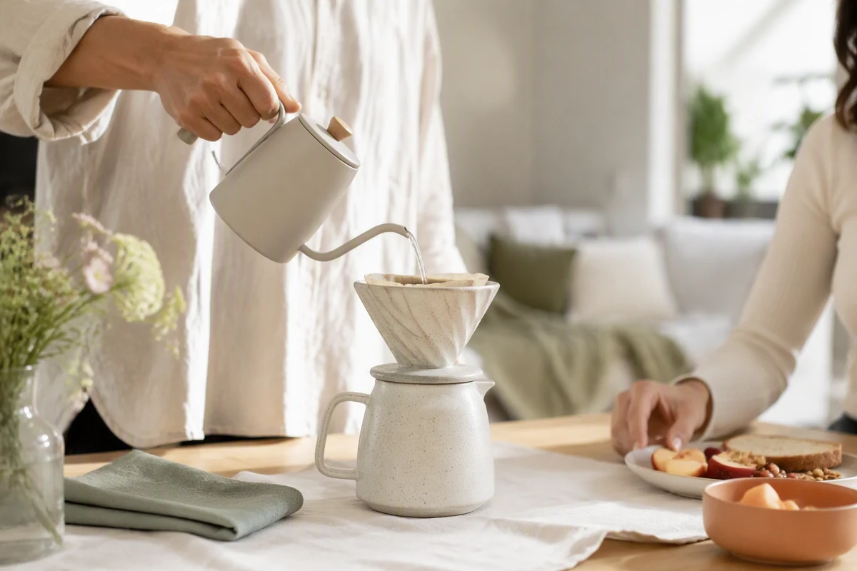 Unbranded ceramic pour-over coffee maker being used at a bright breakfast table