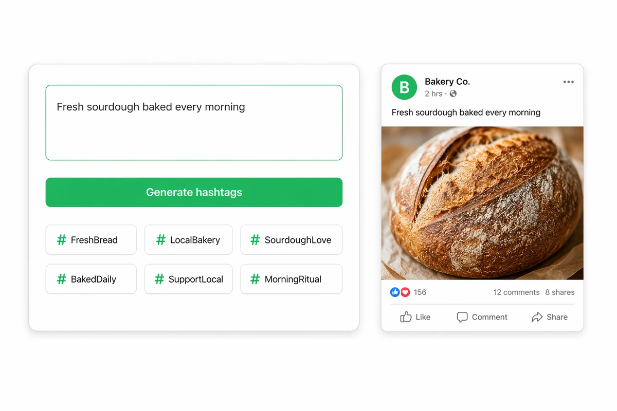 A sourdough post description transformed into six relevant hashtag suggestions
