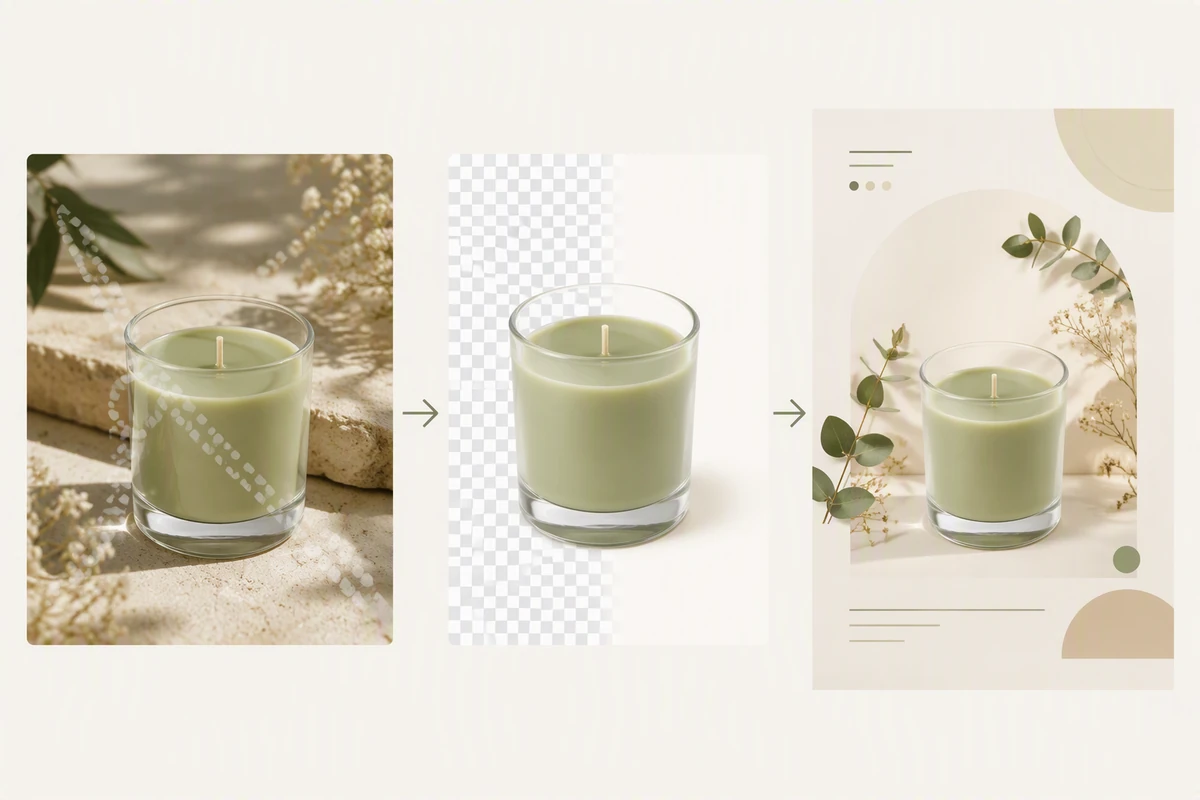 A glass candle moving from a watermarked source photo to a clean cutout and finished social poster.