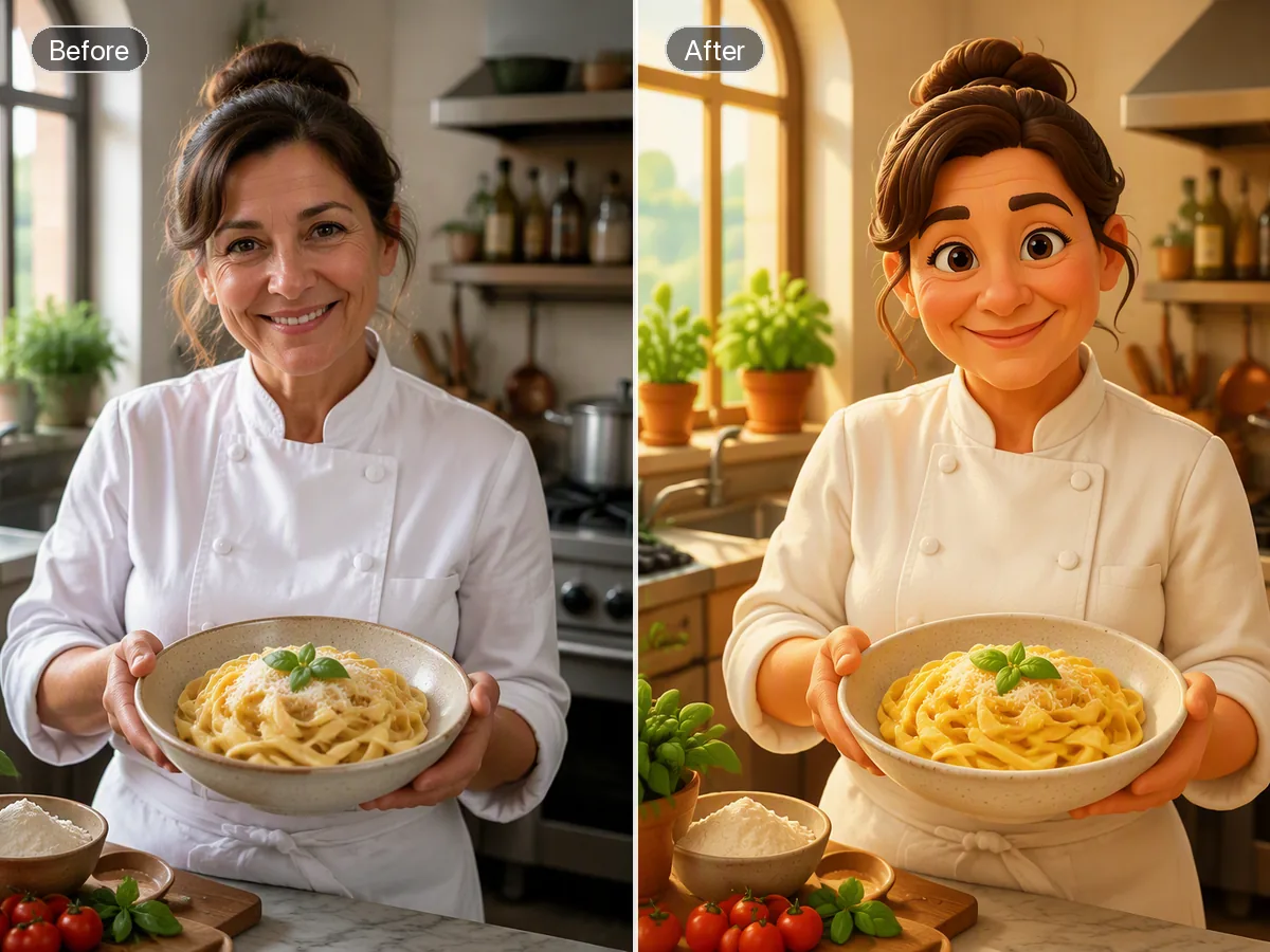 Before-and-after of a chef holding pasta in a kitchen, photo left and clay-like 3D cartoon right.