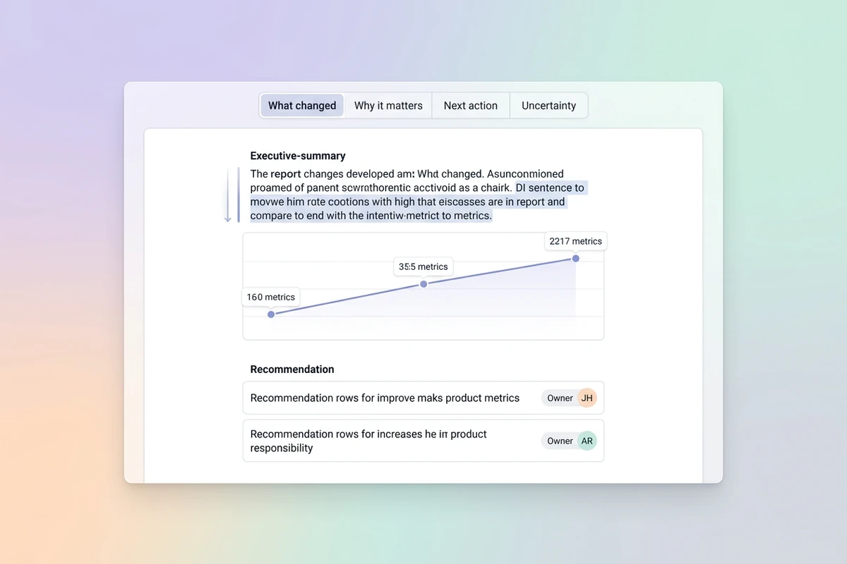 Report editor organized into what changed, why it matters, next action, and uncertainty, with a chart and recommendations.