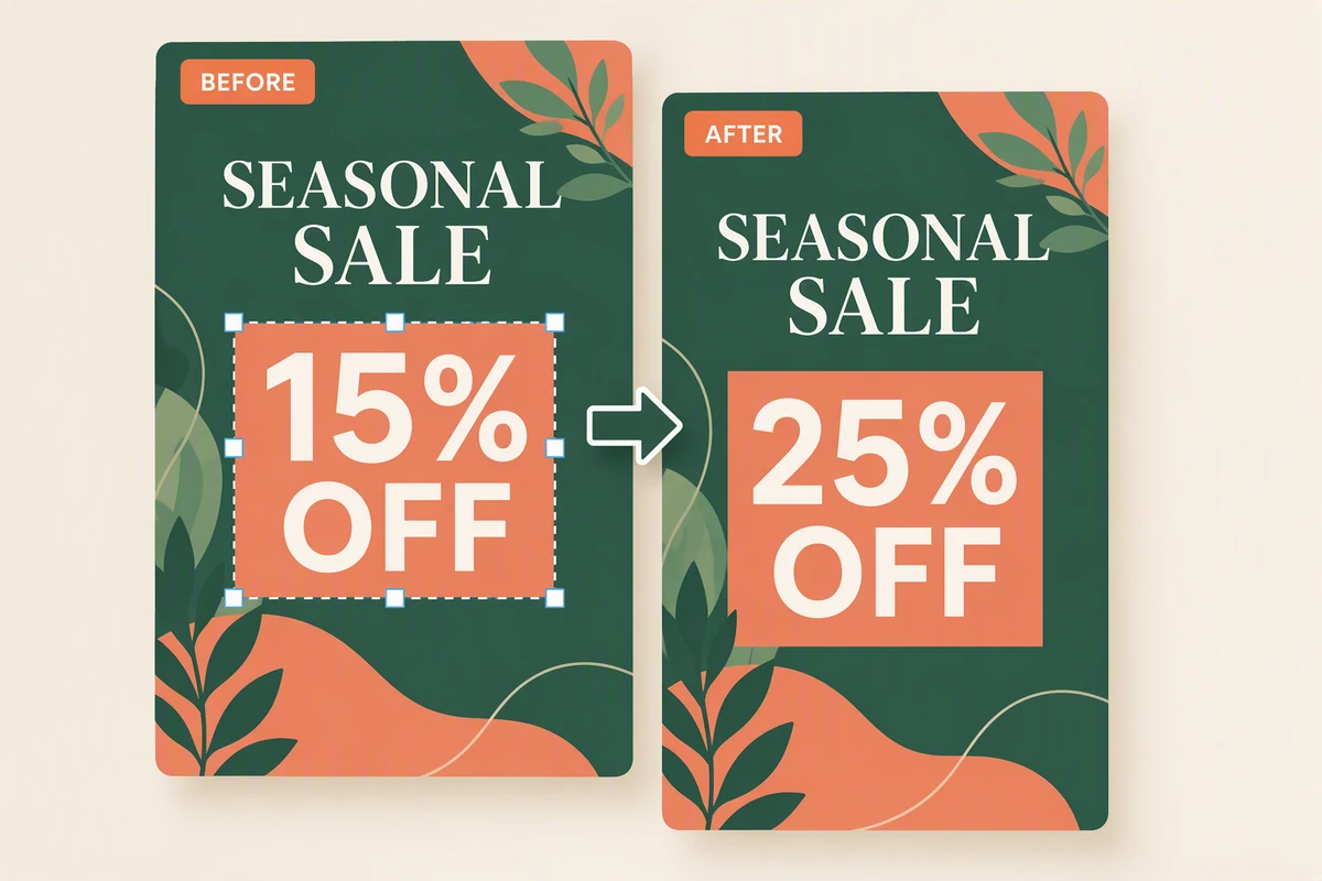 Overlapping seasonal sale posters showing a discount changed from 15% OFF to 25% OFF.