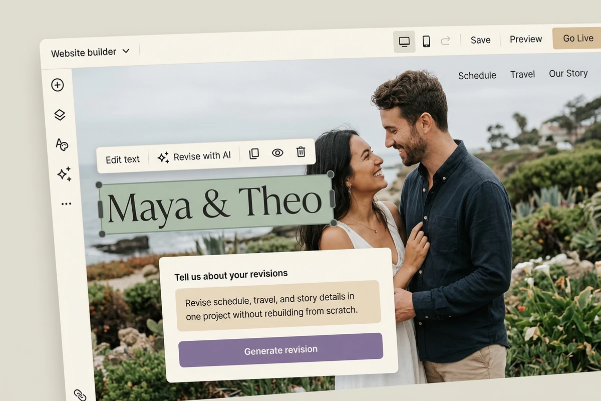 Maya ve Theo düğün sitesi editörü; Program, Ulaşım, Hikâyemiz ipuçları, Yapay zekâ ile gözden geçir kontrolü ve bir revizyon prompt modalı.