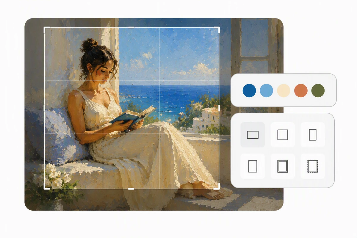 A coastal reading portrait prepared for creative use with crop, palette, and format controls