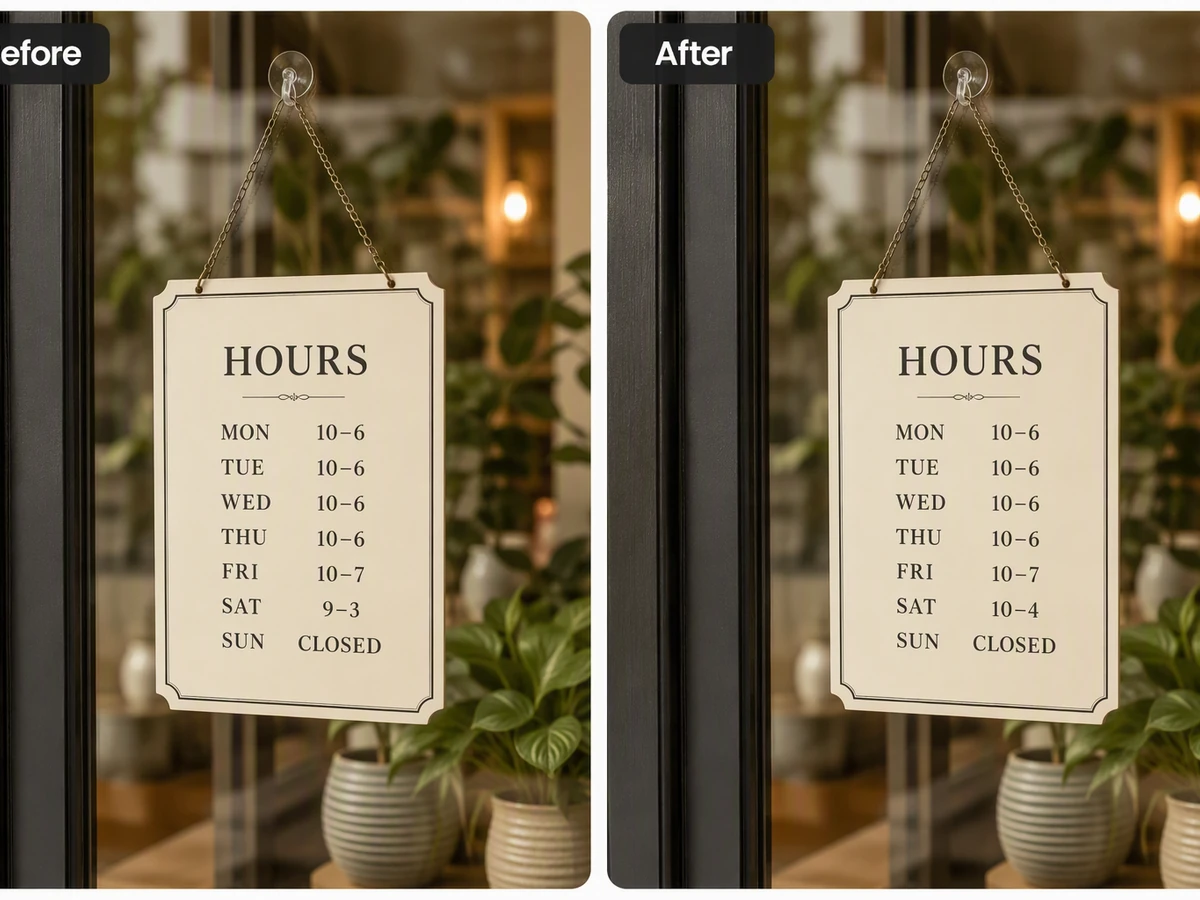 Before and after boutique hours signs changing Saturday hours from 9 to 3 to 10 to 4