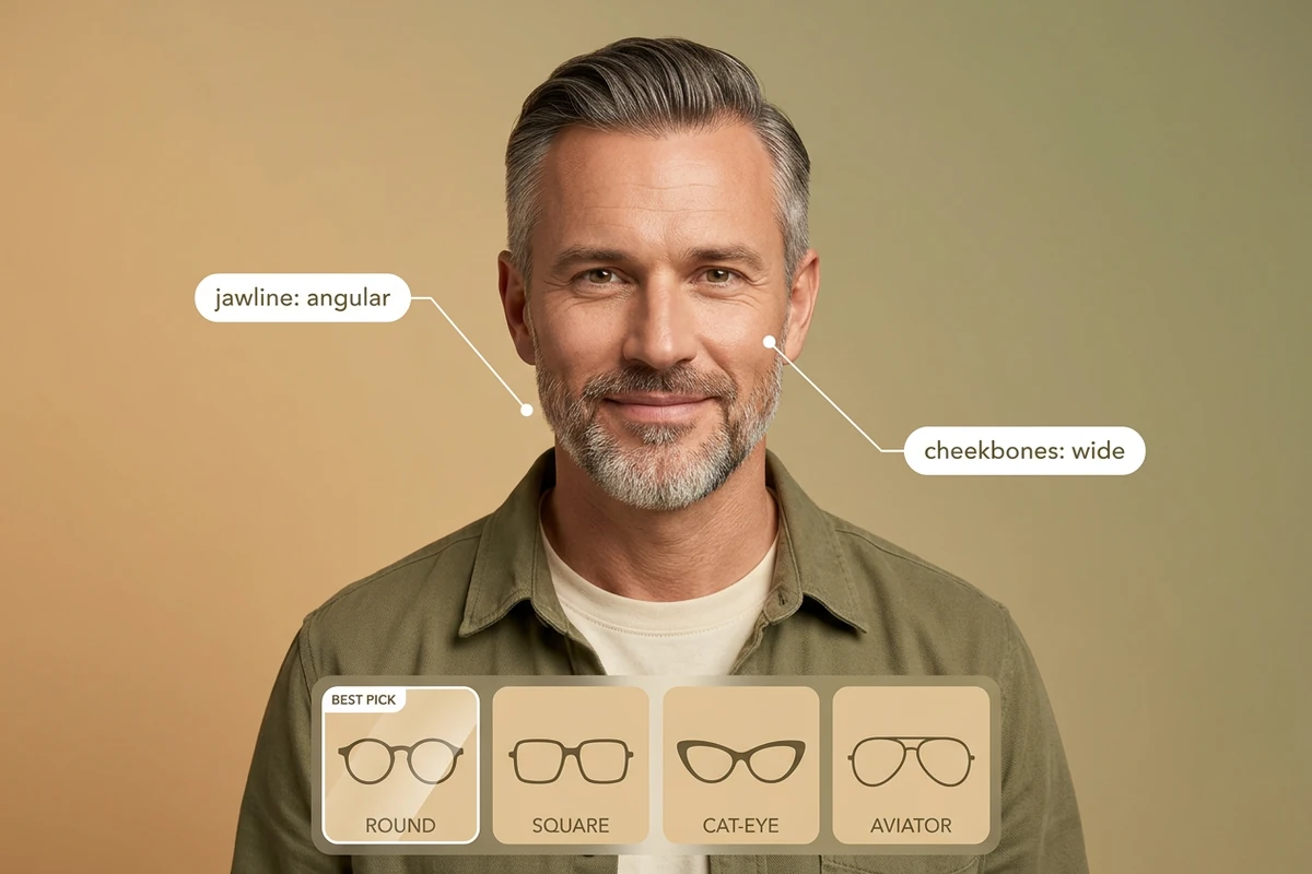 Bearded man with leader-line callouts reading jawline: angular and cheekbones: wide, above four eyeglass frame tiles with the round frame marked as the pick.