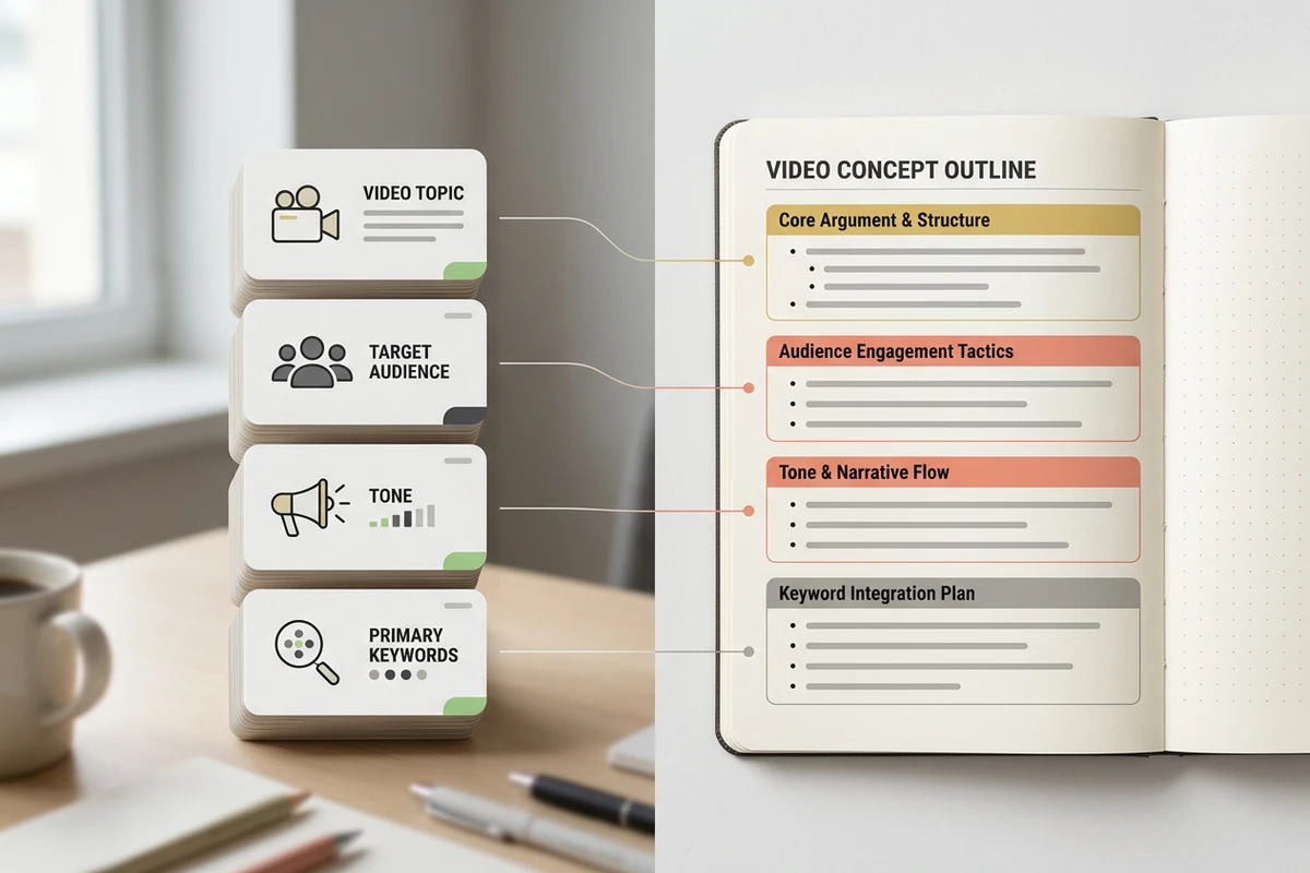 Content brief inputs for topic, audience, tone, and keywords shaping a specific description outline