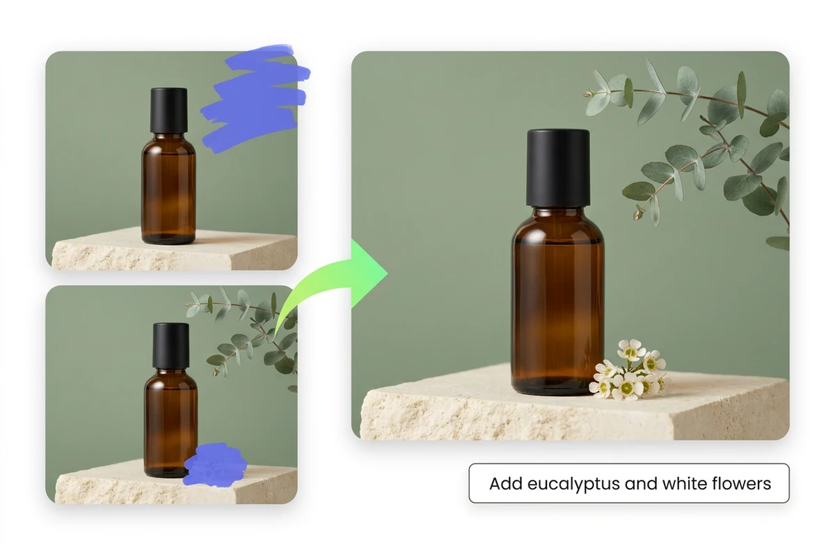 Two masked selections beside an amber bottle lead to a product scene with eucalyptus and white flowers.