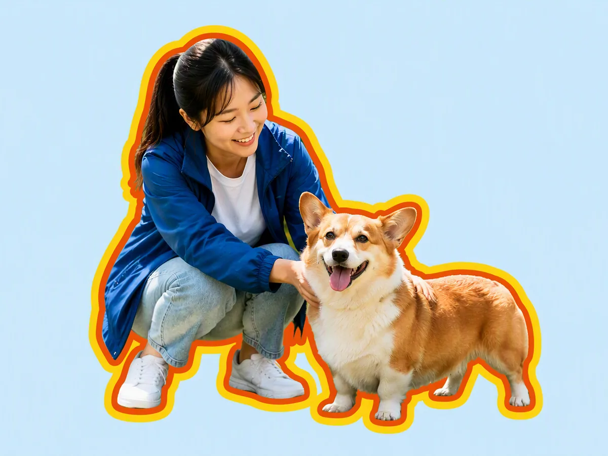 The same woman and corgi isolated with bold orange-red and warm-yellow outlines on a pale blue background.