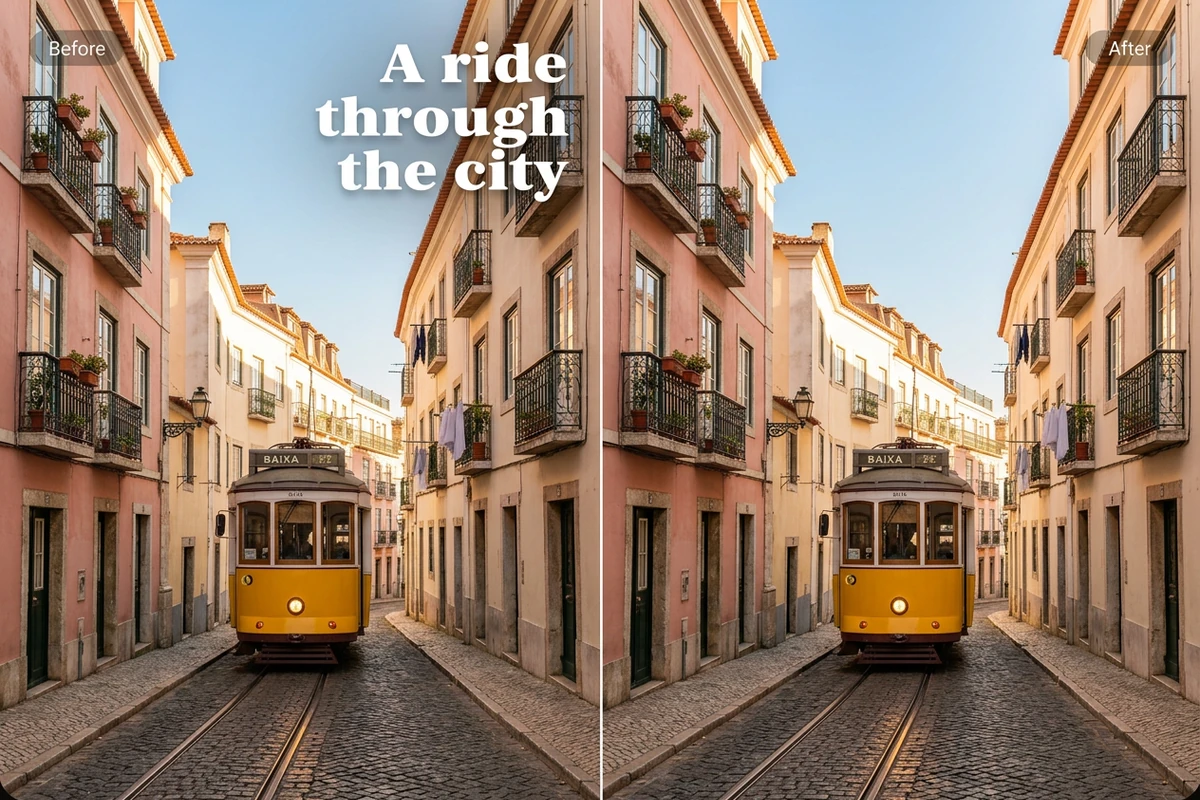 Illustrative yellow tram comparison with an upper caption on the left and matching caption-free street scene on the right.