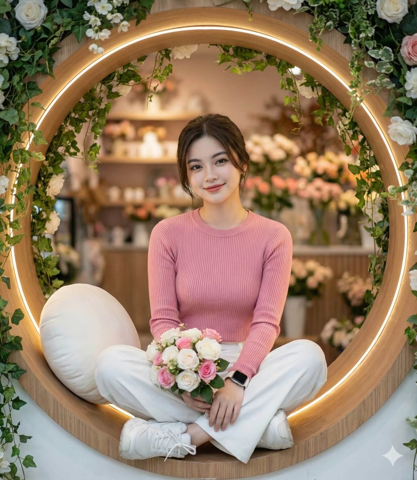 둥근 꽃 창문의 분홍 옷 여성