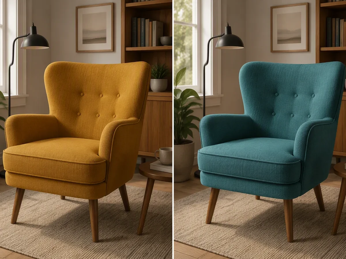 Side-by-side interior photo with the same armchair changed from mustard yellow to teal.