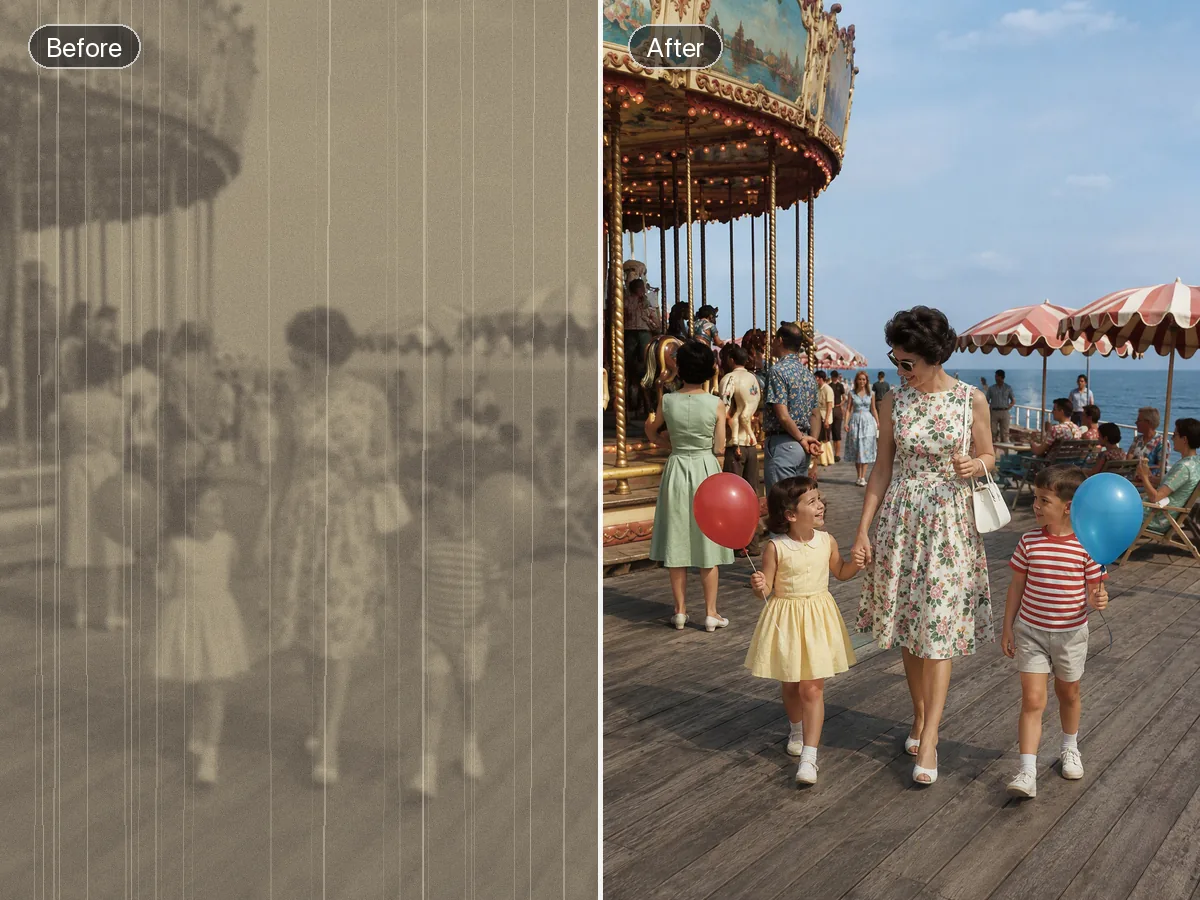 Before-and-after of a 1960s seaside amusement pier, faded and scratched on the left and restored in color on the right.