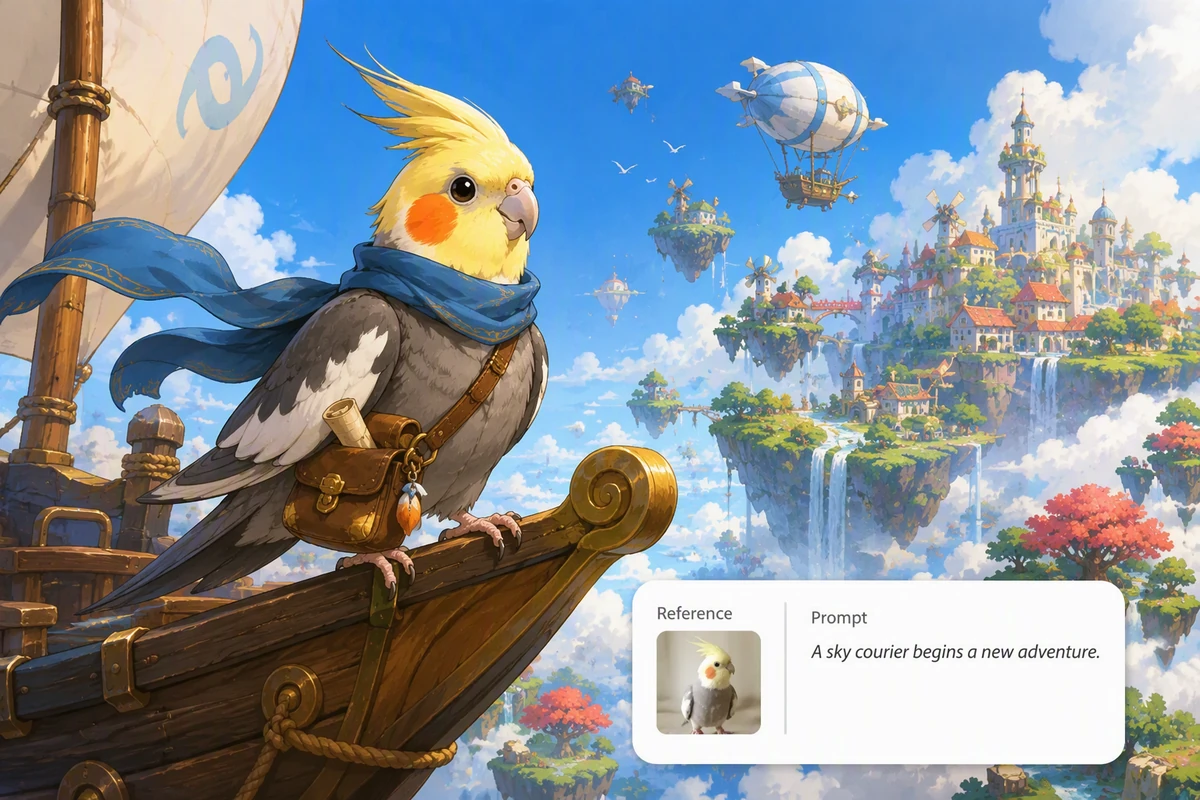 A cockatiel reimagined as an illustrated sky courier character for a storybook adventure