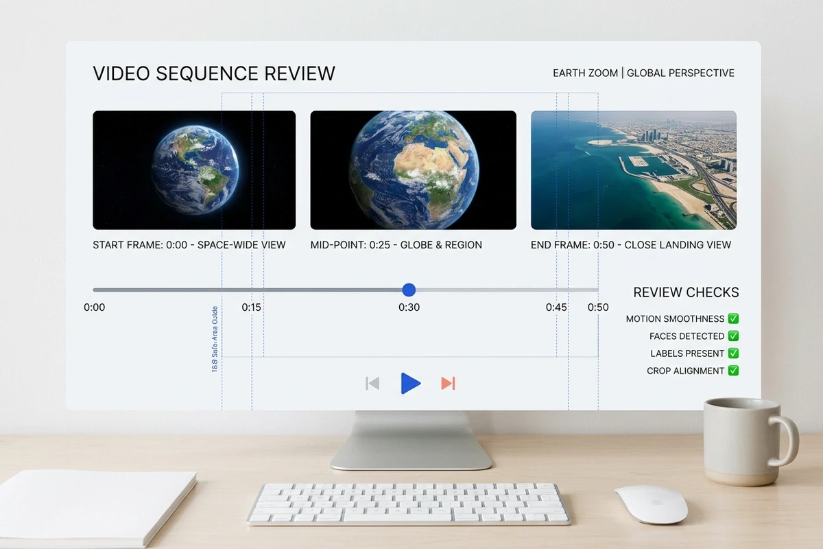 Timeline review comparing space, globe, and destination frames in a 16:9 guide