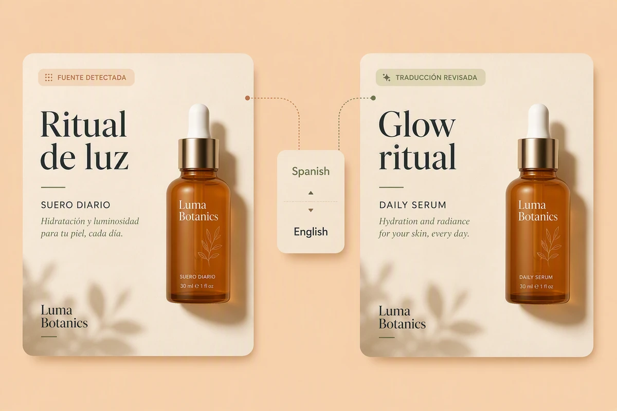 Spanish and English versions of the same fictional skincare campaign shown beside a language selector for translation review.