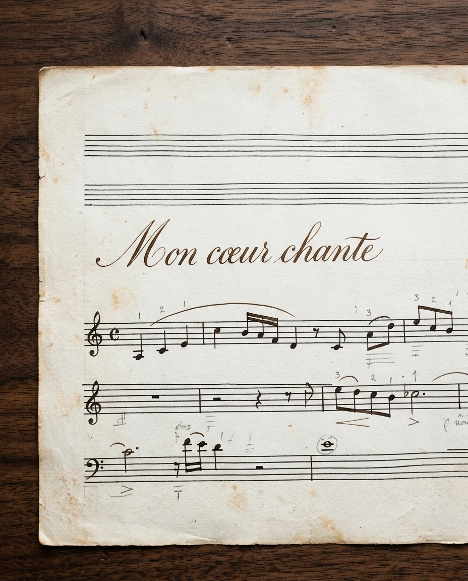 Paroles Mon cœur chante écrites à la main sur une partition ancienne