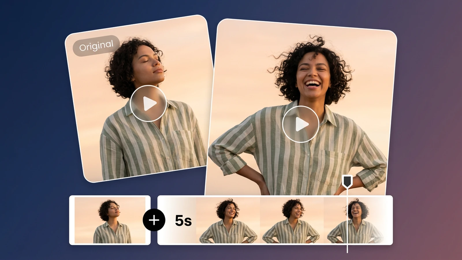 Two video cards show a curly-haired woman in a sage striped shirt, above an original clip and five-second continuation filmstrip.