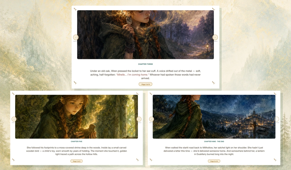 Three complete illustrated story pages showing consistent character style, artwork, and page text across different scenes