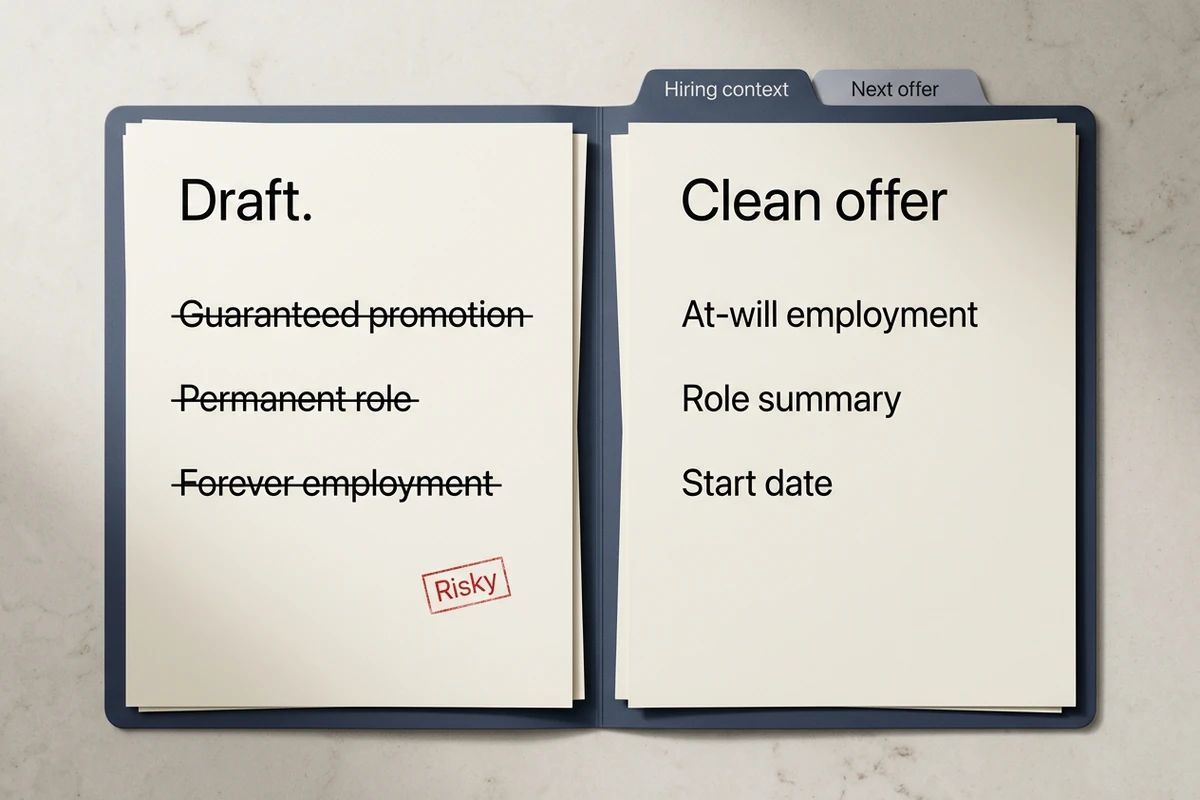 Open folder with struck-through risky draft phrases beside a cleaned offer and Hiring context and Next offer tabs.