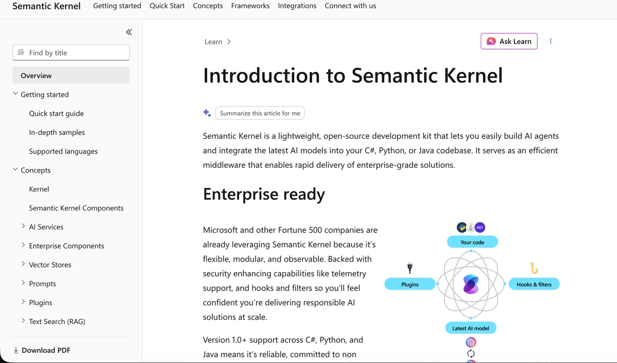 Semantic Kernel 文件展示其開源 AI 開發工具包