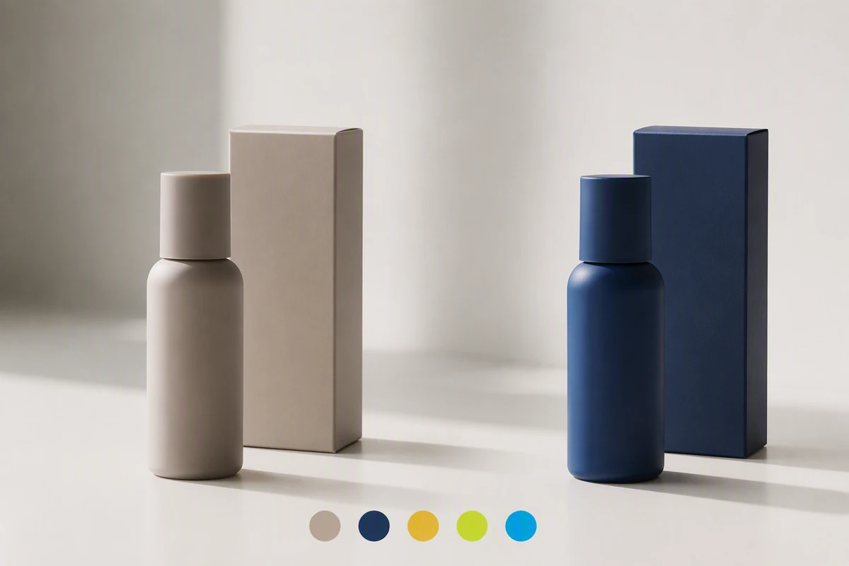 An unbranded bottle and carton change from warm beige to deep navy beside five color swatches.
