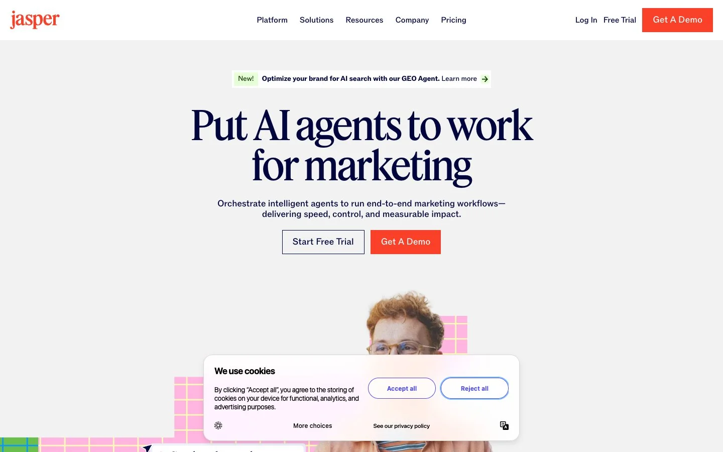 Jasper homepage showing AI agents for marketing teams
