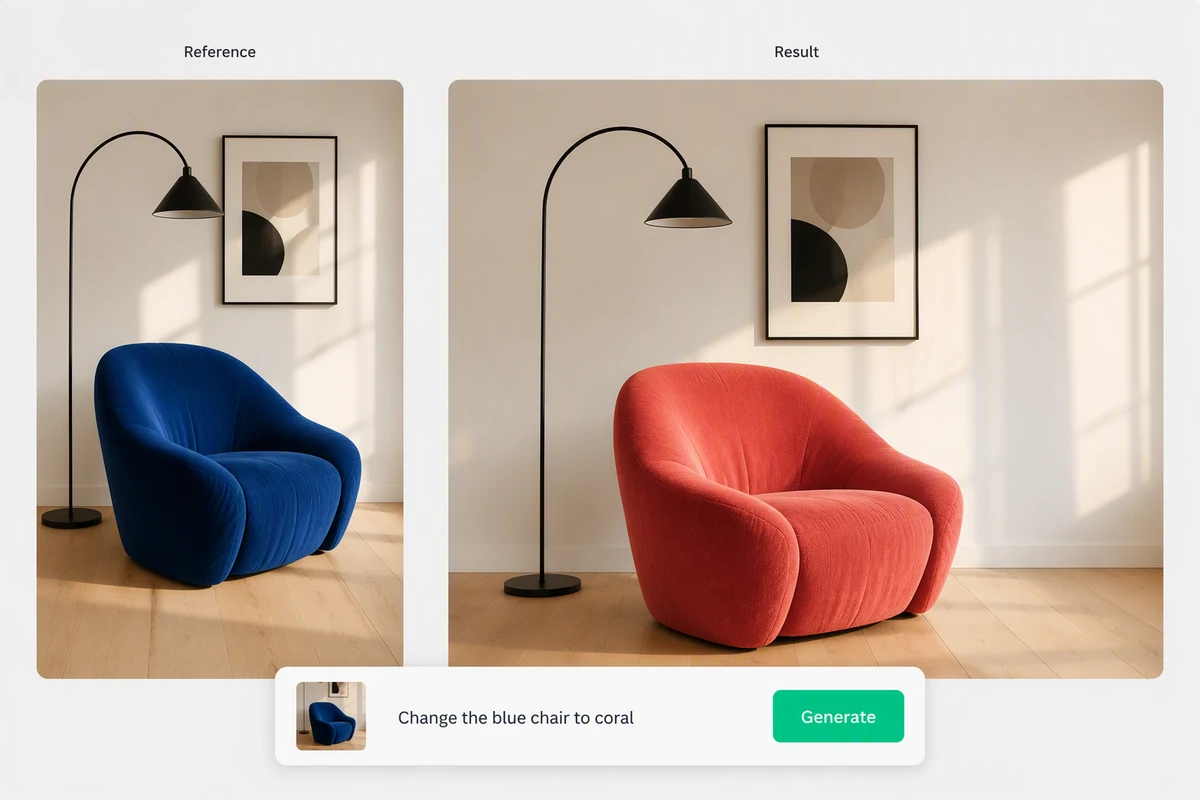 A modern reading room with a cobalt chair changed to coral while the scene stays consistent