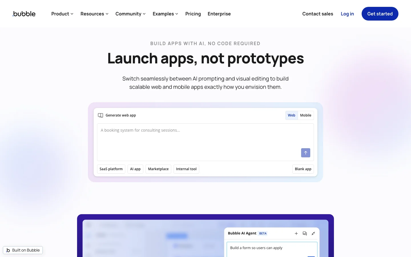 Bubble homepage showing AI no-code app building