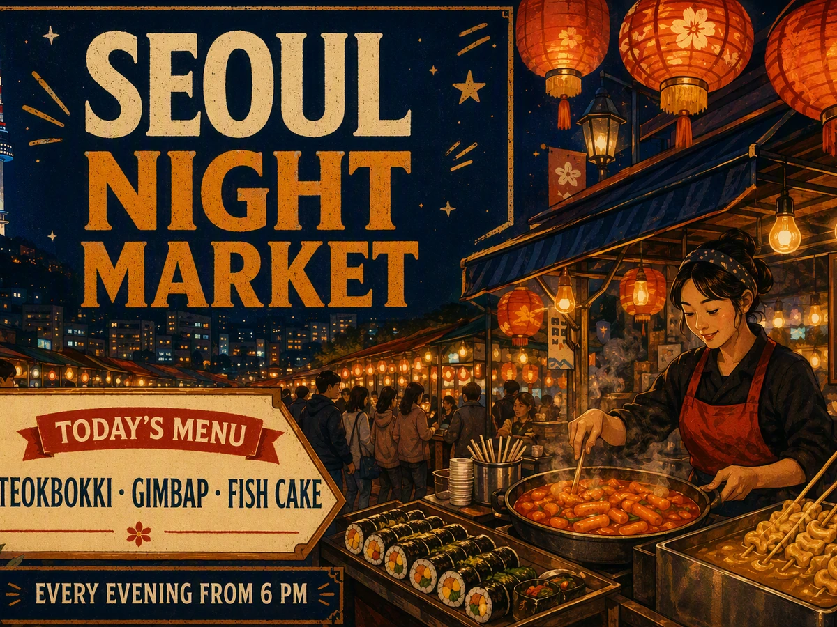 Matching illustrated Seoul night market poster with the headline and menu translated into English.