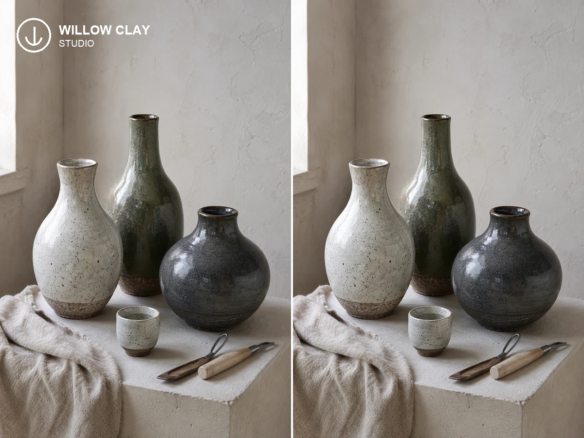 Before-and-after handmade ceramic product photo with a fictional studio mark removed.