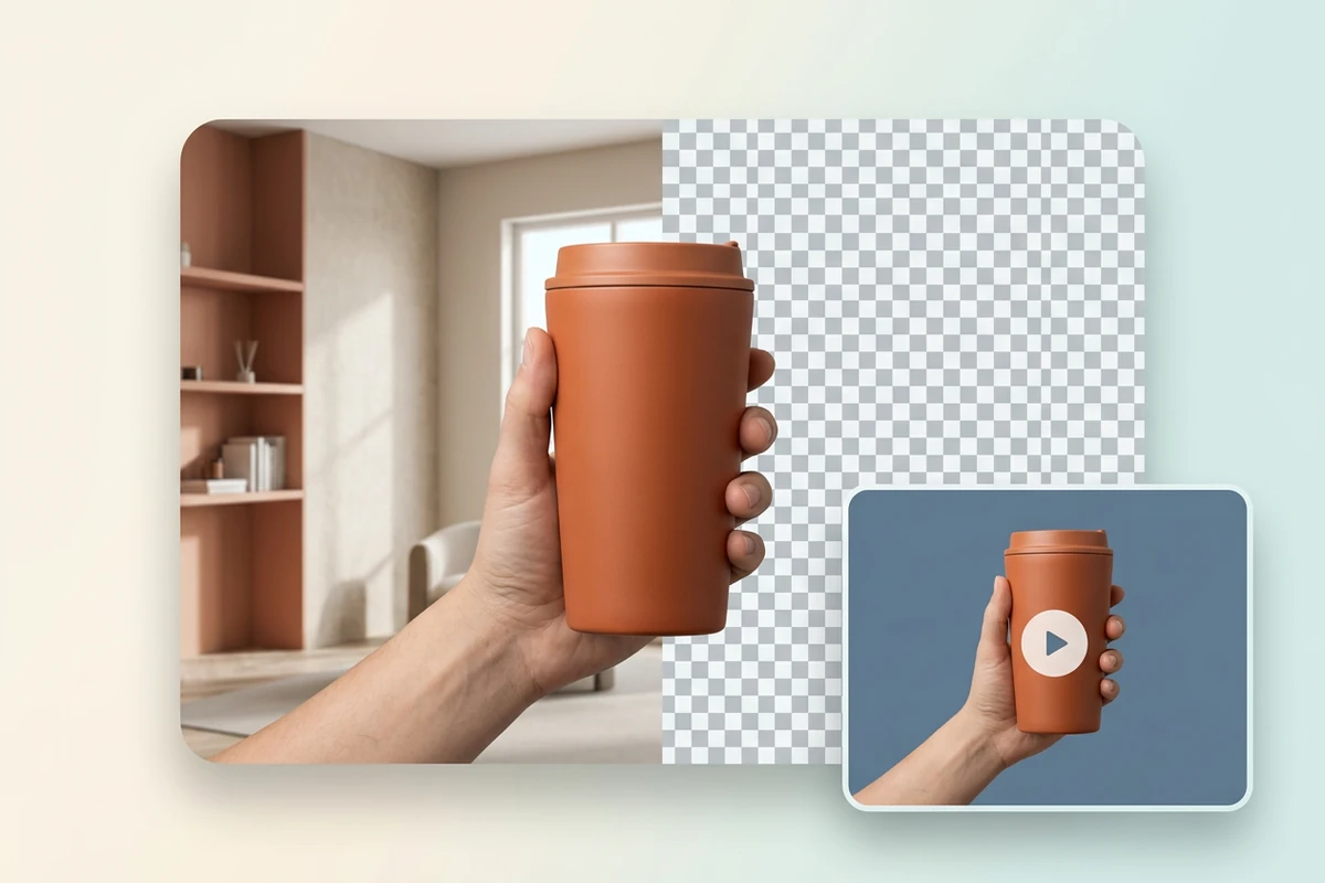 Illustration of a hand holding an orange tumbler as the room becomes transparent, with the cutout previewed on solid slate blue.
