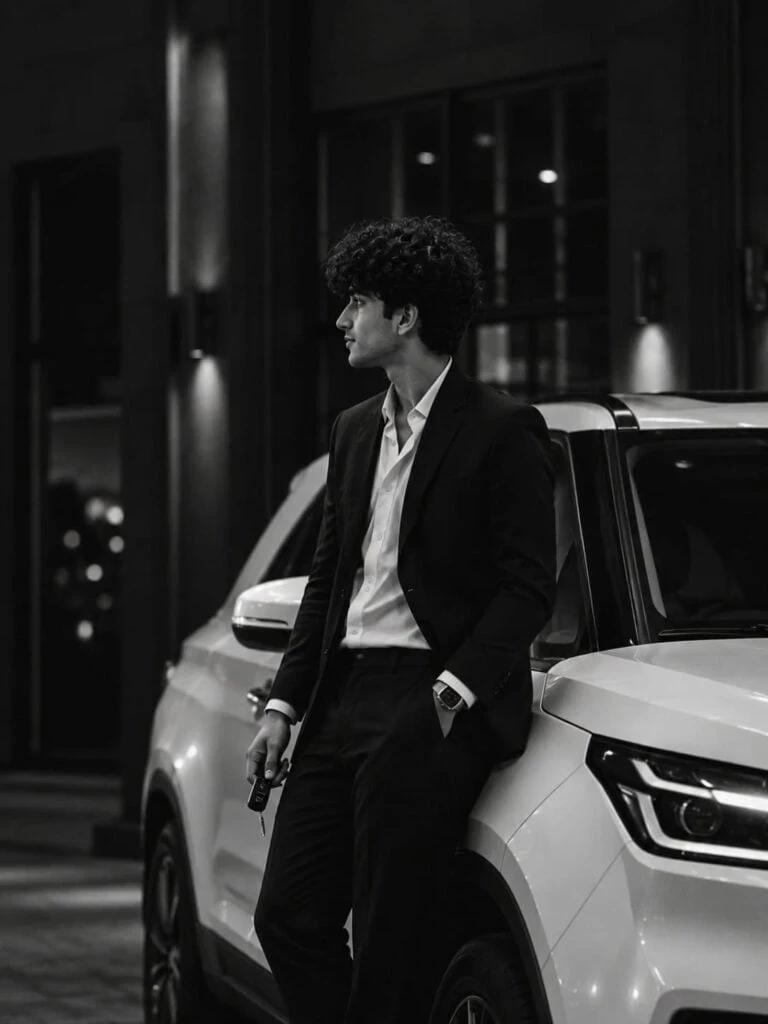 SUV 옆 남성의 흑백 사진