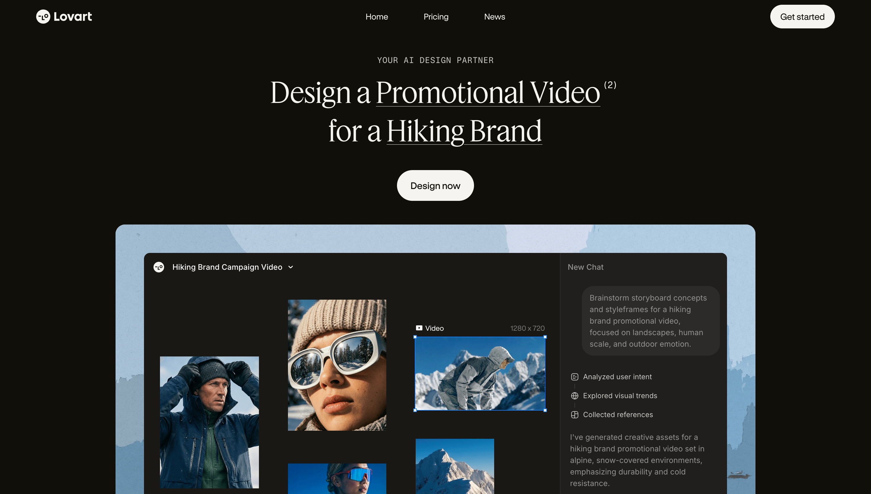 Lovart AI Design Partner page showing a promotional video campaign workflow for a hiking brand