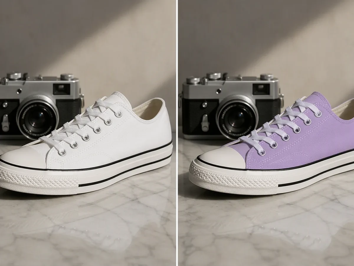 Side-by-side product photo with the sneaker upper changed from white to lavender.
