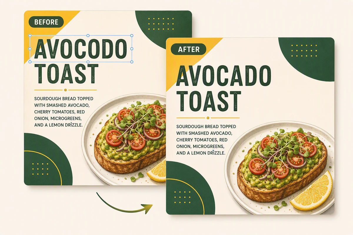 Overlapping avocado toast flyers showing the typo AVOCODO corrected to AVOCADO.