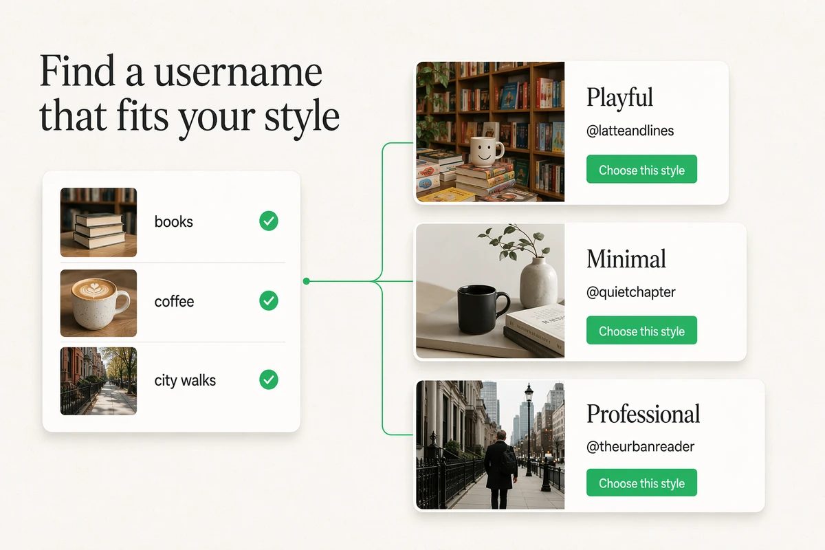 Books, coffee, and city walks transformed into playful, minimal, and professional username directions