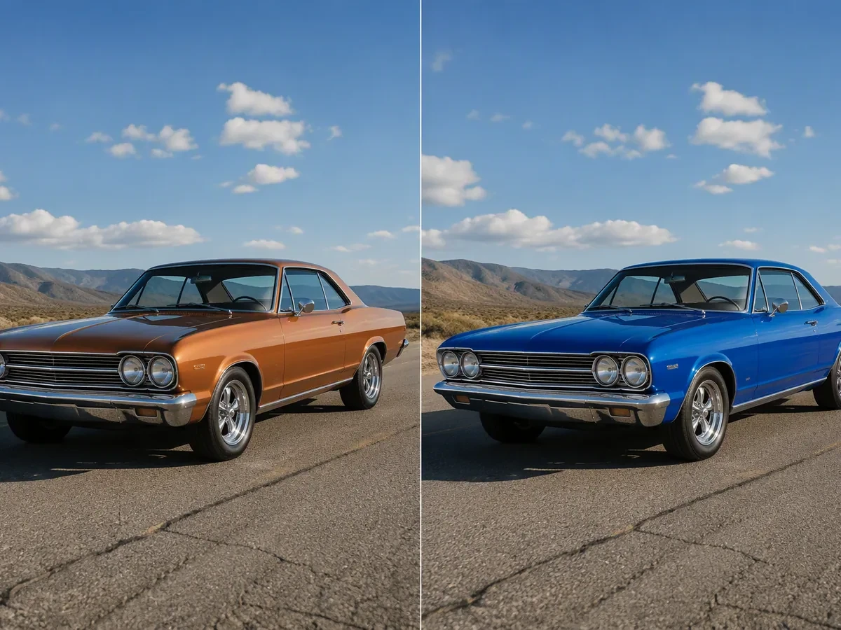 Side-by-side car photo with the same body paint changed from copper to cobalt blue.