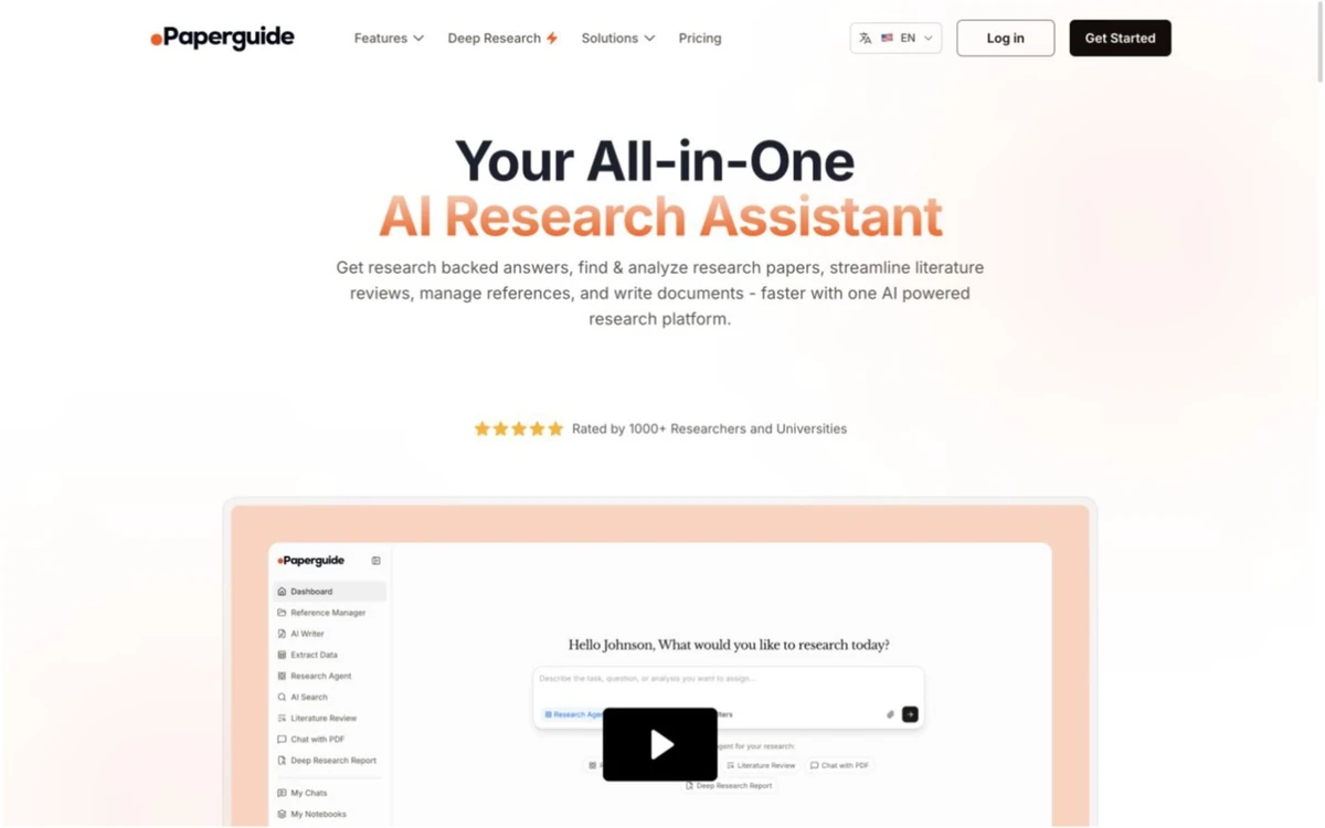 Paperguide homepage showing AI search, literature review, reference management, and research writing