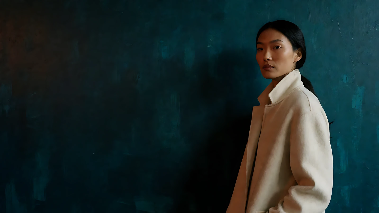 낮은 조도의 스타일화된 포트레이트. 아이보리 코트를 입은 여성이 화면 오른쪽에 서 있고 배경은 짙은 틸 벽.