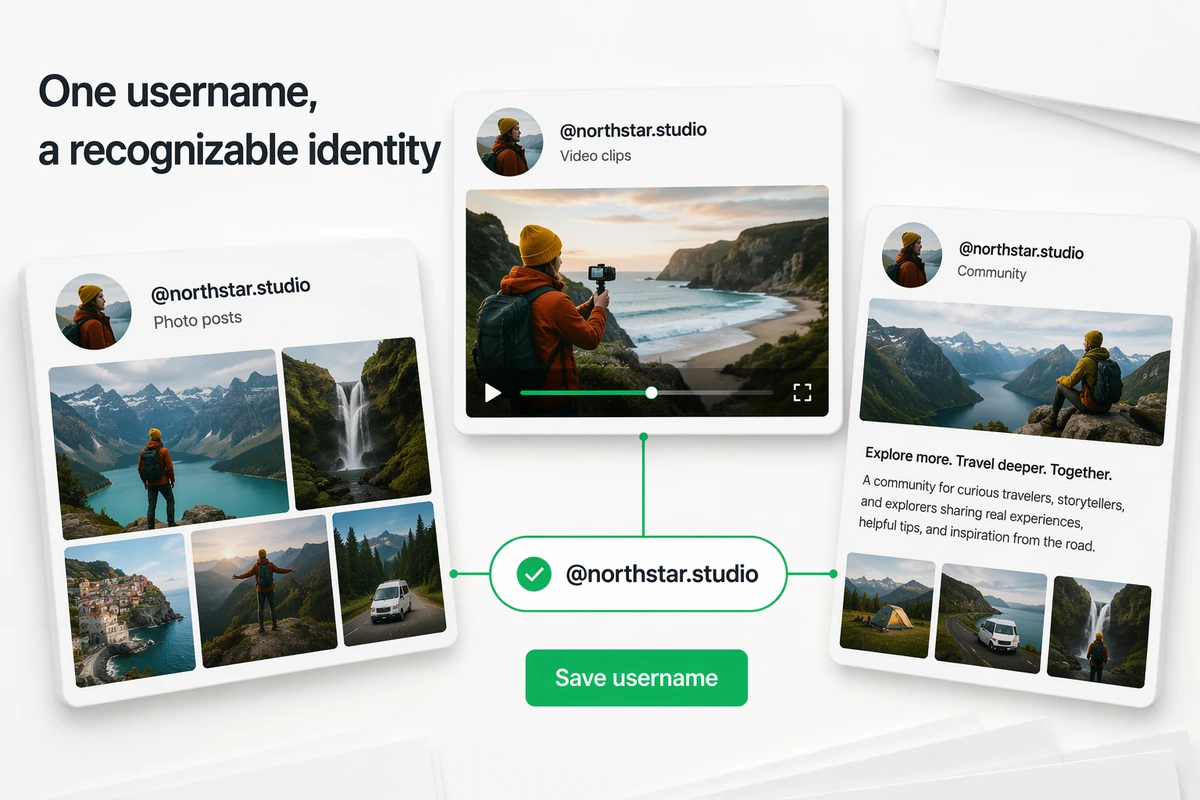 The username northstar.studio previewed across photo, video, and community profiles