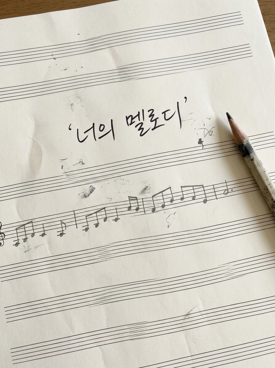너의 멜로디 손글씨 가사를 오선지, 음표, 연필 메모가 있는 아이보리 악보 원고에 배치한 장면