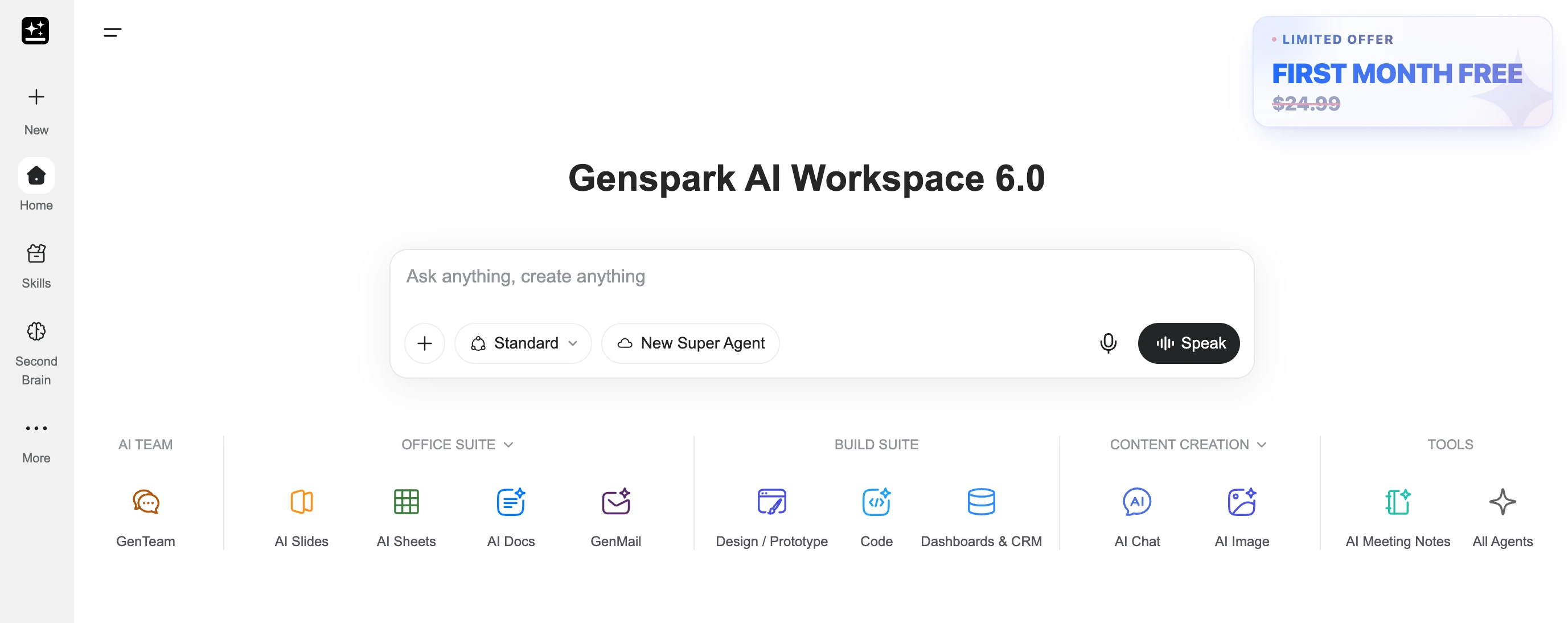 Super Agent, AI Slides, AI Sheets ve AI Docs gösteren resmi Genspark AI Workspace ekranı
