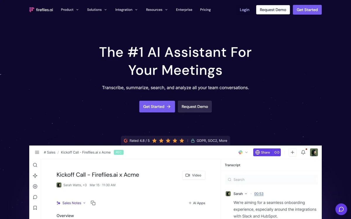 Fireflies.ai meeting assistant showing a recorded call transcript and AI notes