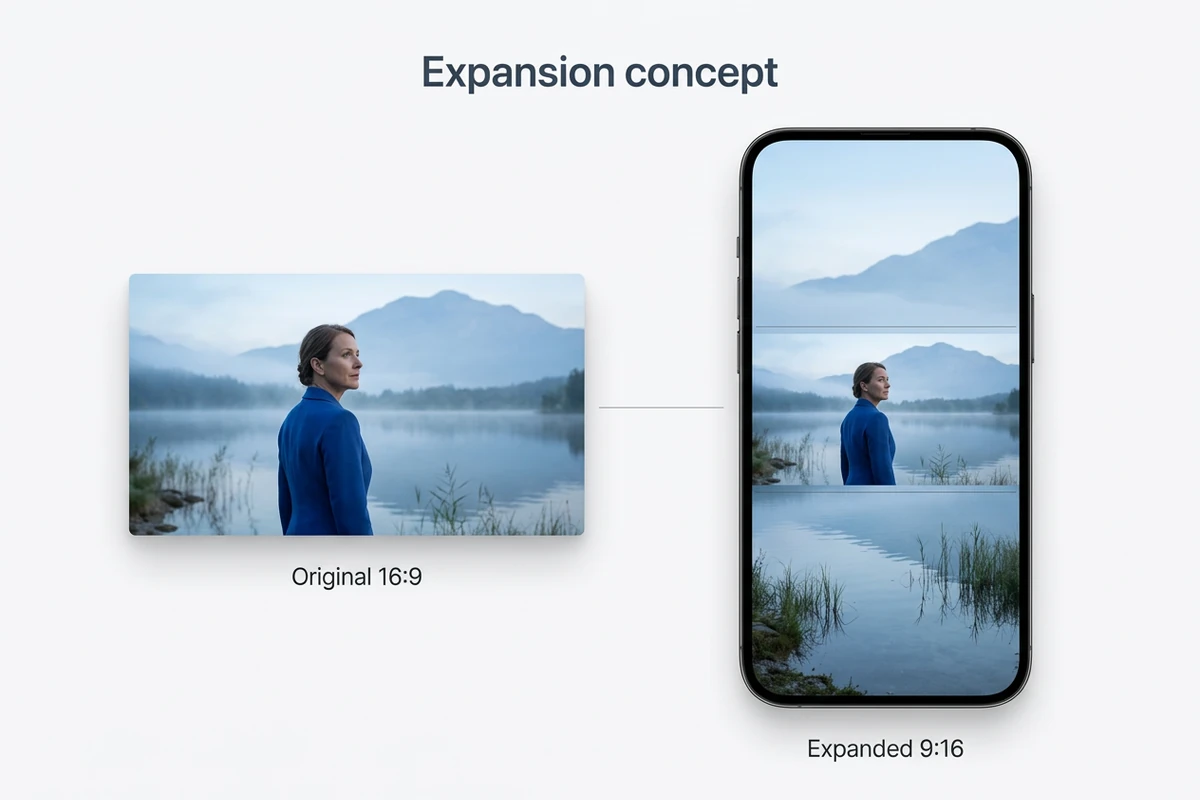Illustrative expansion concept for a lakeside video extended above and below into a portrait frame.